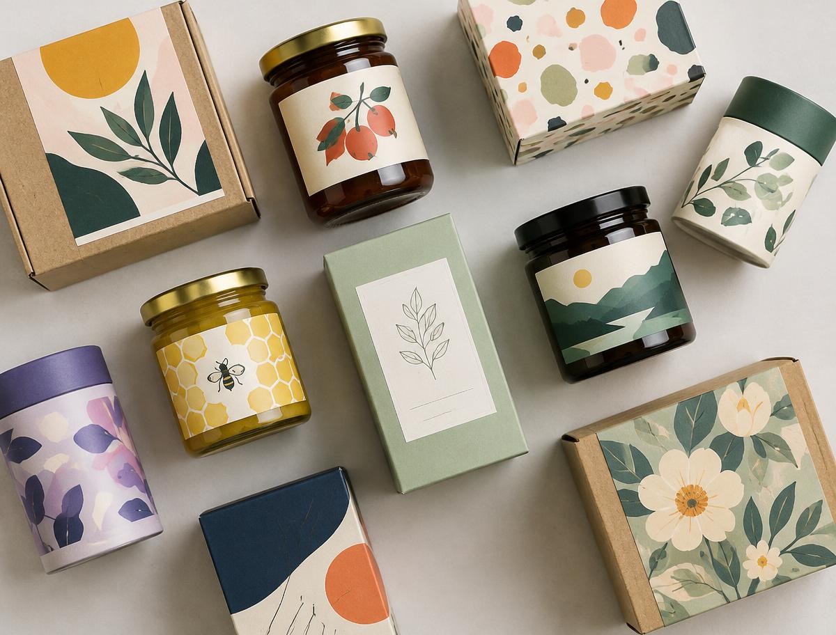 Illustrative arrangement of labelled jars and boxes